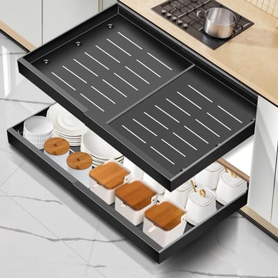 Uitbreidbare en Verstelbare Keukenorganiser voor Laden, Telescopische Opbergoplossing voor Keuken en Badkamer, Zwart, 2 Stuks, Breedte 43,5 - 68 cm, Diepte 42 cm, Ruimtebesparend en Functioneel