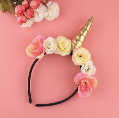 CHPN - Unicorn diadeem - Eenhoorn haarband - Diadeem met bloemen en hoorn - Gouden hoorn - Kinderfeestje - Cadeautje - Goudkleurig - Diadeem met bloemen