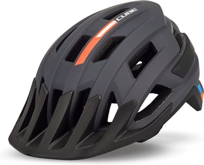 CUBE Fietshelm Rook - Mountainbikehelm - 18 Ventilatiegaten - 180+ fit-systeem - EPS Double In-Mould - 52-57 cm - M - Zwart/Oranje/Blauw