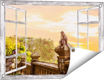 Gards Tuinposter Doorkijk Aap op de Uluwatu Tempel in Bali - 60x40 cm - Tuindoek - Tuindecoratie - Wanddecoratie buiten - Tuinschilderij