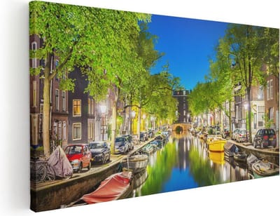 Artaza Canvas Schilderij Amsterdamse Grachten - 40x20 cm - Klein - Wanddecoratie Amsterdam - Muurdecoratie Boten - Schilderijen Op Canvas