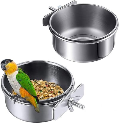 2 stuks, 12 cm, roestvrij staal, vogelvoederbak om op te hangen, roestvrijstalen bak met houder, vogelvoederschaal, voederschaal, papegaai, voederbeker voor vogelkooi, vogelhuisje