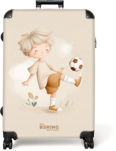 NoBoringSuitcases.com® - Koffer groot - Reiskoffer lichtgewicht - Jongen met een voetbal in beige kleuren - Rolkoffer met 4 wielen - Grote trolley XL - 98 liter bagage