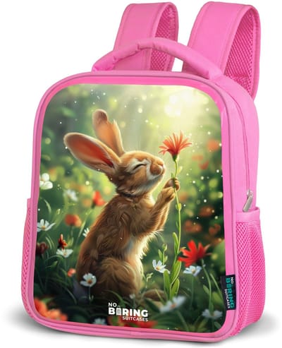NoBoringSuitcases.com® - Rugzak roze - Schooltas meisjes - Zijnaanzicht van een konijn met rode bloem - Kinder rugtas meisje - Boekentas kind - Kinderrugzak voor school - Schoolrugzak
