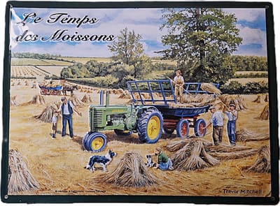 Oogsttijd met de John Deere. (Le Temps des Moissons.) Metalen wandbord in reliëf 30 x 40 cm. .