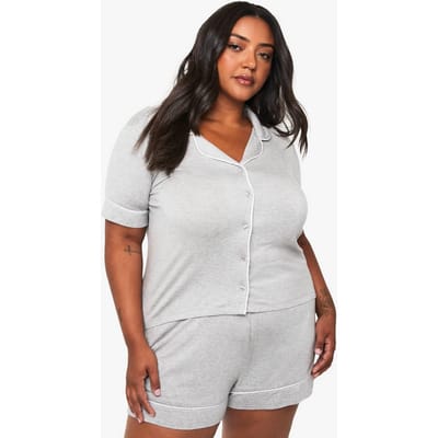 boohoo Dames Plus Super Soft Modal Kort Mouw Shirt & Korte Pyjama Set | Grey Marl | Maat: 16