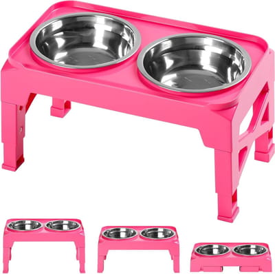 Verhoogde Hondenbakken - Hondenvoer Station - Comfortabel Eten - 3 Hoogtes Instelbaar - 2x 25oz Kom - Roze