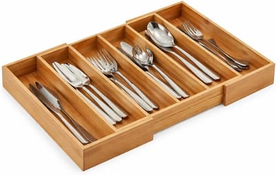 Uitbreidbare Houten Besteklade Organizer van Bamboe met 5 Compartimenten voor Nette Opslag, 28.5cm x 36.8cm x 5.5cm