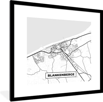 Fotolijst incl. Poster Zwart Wit- Stadskaart – Plattegrond – België – Zwart Wit – Blankenberge – Kaart - 40x40 cm - Posterlijst