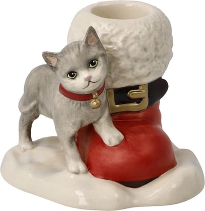 Goebel - Kerst | Kandelaar Kat met schoen | Aardewerk - 8cm - 1 kaars
