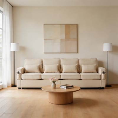 Komhtom - Moderne 4-zitsbank van linnen - met opbergvakken in de armleuningen en 4 kussens - eenvoudige stijl bank - geschikt voor woonkamer, appartement en kantoor - 3 kleuropties