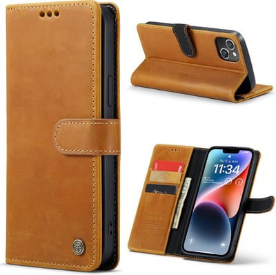 Casemania Echt Leren Hoesje Geschikt voor Apple iPhone 14 - Bruin - Leer Wallet Hoes - Portemonnee Book Cover met Pasjeshouder