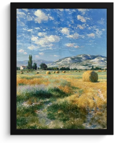 Poster in lijst - Fotolijst 30x40 cm - Posters - Landschap - Strobalen - Bergen - Wolken - Posterlijst zwart - Decoratie - Wanddecoratie woonkamer - Muurdecoratie slaapkamer