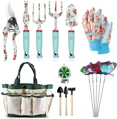 Allecto - Tuingereedschapset - 16-delige tuingereedschapset - Ergonomisch en robuust - Groen - Tuinieren - Voor dames en heren - Met opbergtas