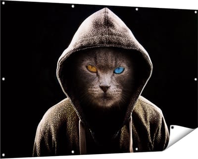 Gards Tuinposter Boze Kat Draagt een Hoodie - 150x100 cm - Tuindoek - Tuindecoratie - Wanddecoratie buiten - Tuinschilderij
