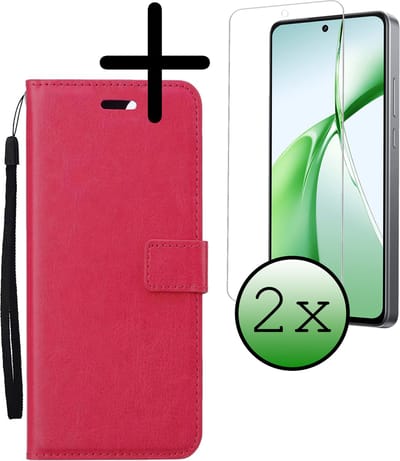Hoesje Met 2x Screenprotector - Geschikt voor OnePlus Nord CE4 - Luxe Pasjeshouder - Bookcase Portemonee - Flip Case - Kunstleer Book Case - Flipcase Hoes - Book Cover - Walletcase - Portemonneehoes - Donkergroen