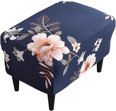 Ottoman Hoes - Voetenbank Overtrek - Meubels Beschermen - Elastische Pasvorm - 60 x 40 x 44 cm - Bloemenprint Blauw