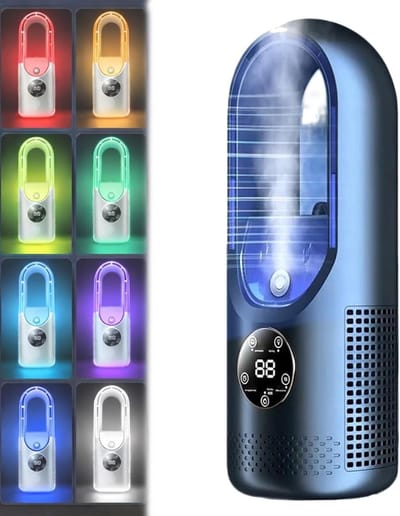 6-standen bladeloze elektrische ventilator met koelfunctie & 7-kleuren LED-verlichting – Draagbare tafelventilator met stille, krachtige luchtstroom (Blauw)