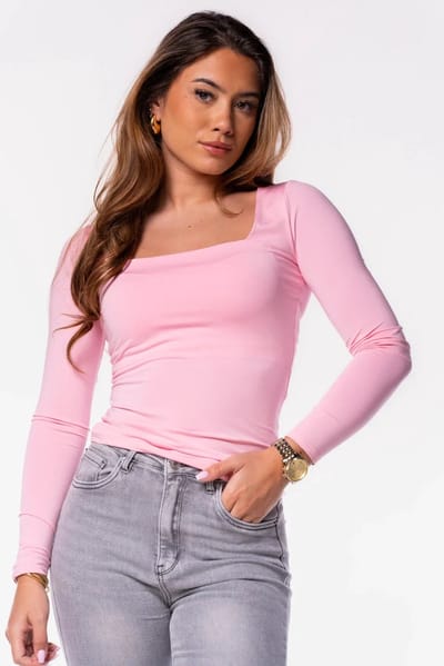 Getdrezzed Top - Maat: M - Basic shirt vierkante hals lichtroze