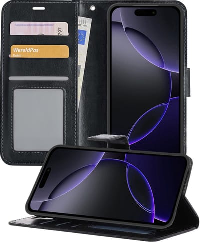 Hoesje - Geschikt voor Apple iPhone 16 Pro - Luxe Bookcase - Walletcase Hoes - Portemonnee - Cover - Telefoonhoes - Zwart