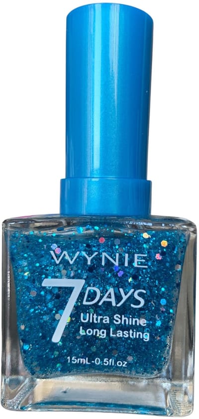 Wynie - Nagellak 7 Days Ultra Shine Long Lasting - Transparant met blauwe en zilver en multi gekleurde grote en blauwe mini glitters - 1 flesje met 15 ml inhoud - Nummer 713