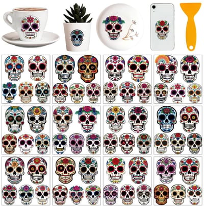 Dailygoods- Transferstickers 12 Vellen - Sugar Schedel - Bloemenpatroon - Raamdecoratie - Meubelstickers - DIY Knutselbenodigdheden - Muursticker