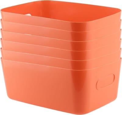 Set van 6 Oranje Plastic Opbergmanden 30x20x12cm voor Studio, Badkamer en Kantoor - Handige Opbergdozen met Handvatten voor Organisatie en Ruimtebesparing