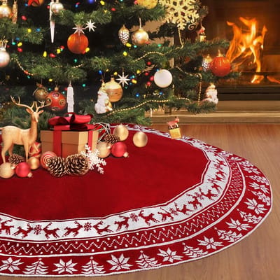 Kerstboomrok 48 Inch Gebreide Kerstboomdeken met Ronde Elken en Sneeuwvlokken voor Kerst- en Nieuwjaarsdecoratie in Rood