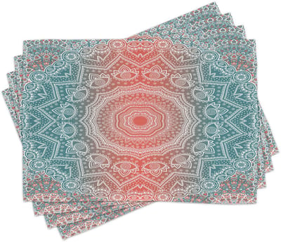 ABAKUHAUS koraal- en teal-placemats, moderne mandala, wasbare stof voor de keuken- en eettafeldecoratie, koraal-teal