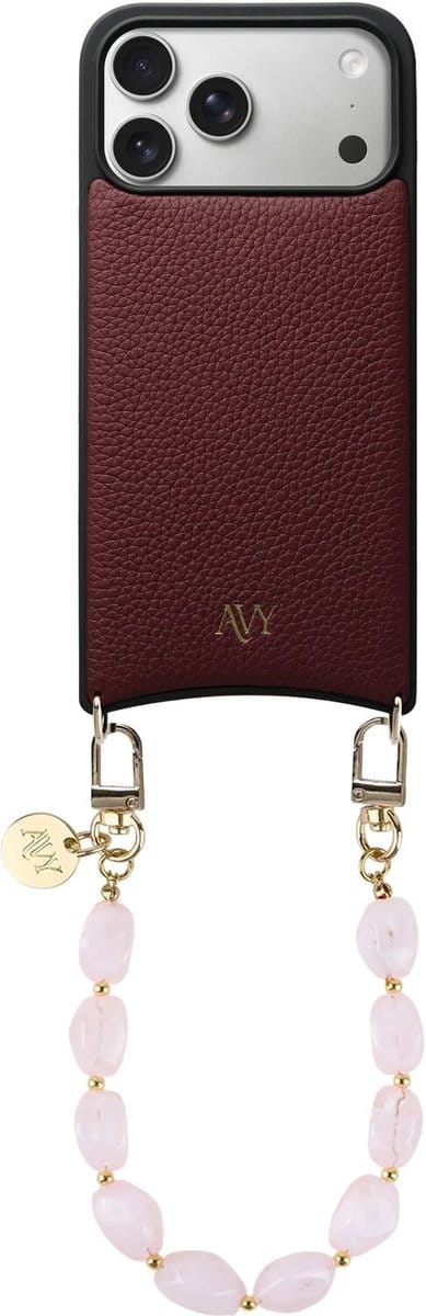 AVY Leren Hoesje Geschikt voor Apple iPhone 17 Pro Max | Compatibel met MagSafe | Leather Case met Telefoonkoord | Polsbandje | Burgundy | Rocher Pink