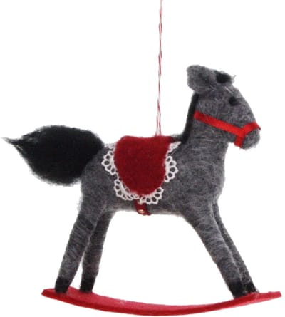 Hobbelpaard grijs met rood dek vilt 12x4x11cm