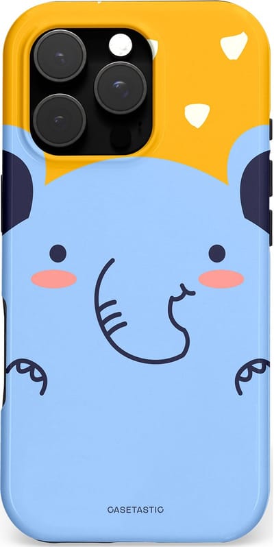 Casetastic hoesje geschikt voor Apple iPhone 16 Pro - MagSafe - Dubbellaagse bescherming - Knuffel van olifant - Fashion Case - Lichtblauw Okergeel