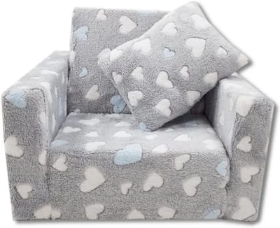 Kindvriendelijke opvouwbare pluchen kinderstoel met zitting en ligfunctie – comfortabel kids relaxfauteuil, blauwe harten
