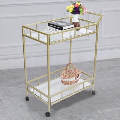 Barwagen op Wielen – Industriële Moderne Gouden Serveerwagen met Gehard Glas en IJzeren Frame – Luxe Dranken Trolley / Keukentrolley voor Bar, Keuken, Restaurant & Club – Mobili Bella