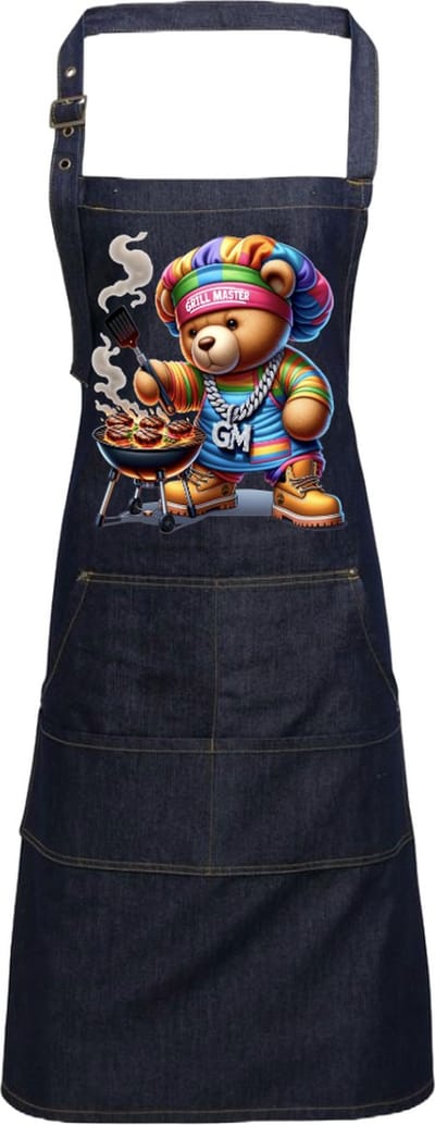 Grappig persoonlijk schort voor de BBQ liefhebber - Grill Master Beer - Spijkerstof - Blauw - Print