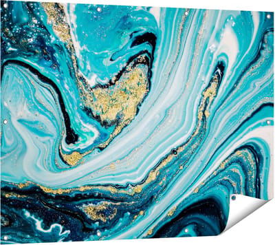 Gards Tuinposter Abstracte Luxe Kunst in het Blauw met Goud - 120x90 cm - Tuindoek - Tuindecoratie - Wanddecoratie buiten - Tuinschilderij