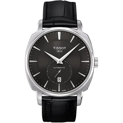 Tissot T-Classic Automatisch Mechanisch Uurwerk 50m Waterbestendig Horloge 40mm Zwarte Wijzerplaat Roestvrijstalen Kast Leren Band T059.528.16.051.00 Black Dial gray