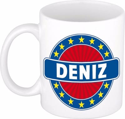 Bellatio Decorations - Deniz voornaam - koffiemok - beker - wit/blauw - 300 ml - Cadeau - Heren - Collega - Vaderdag - Verjaardag