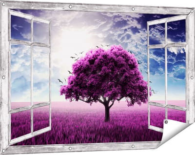 Gards Tuinposter Doorkijk Paarse Boom in het Paars Veld met Vogels - 120x80 cm - Tuindoek - Tuindecoratie - Wanddecoratie buiten - Tuinschilderij