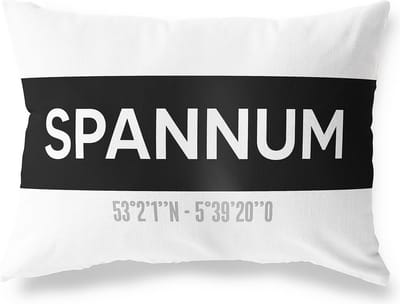 Tuinkussen SPANNUM - FRIESLAND met coördinaten - Buitenkussen - Bootkussen - Weerbestendig - Jouw Plaats - Studio216 - Modern - Zwart-Wit - 50x30cm