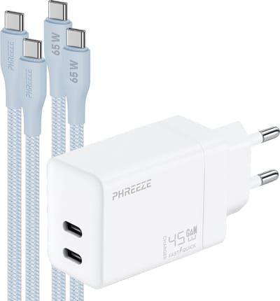 Phreeze 45w oplaadset met 2 usb C kabels voor tegelijk snelladen telefoon en tablet - 45 W Power Adapter - Dual usb C poorten - Blauw