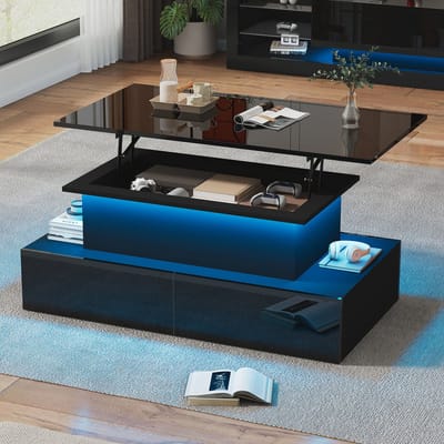 Pugsdrly Moderne zwarte hoogglans salontafel met ledverlichting en 4 lades - Stijlvolle bijzettafel 90x55x41 cm met opbergruimte voor maximaal 30 kg