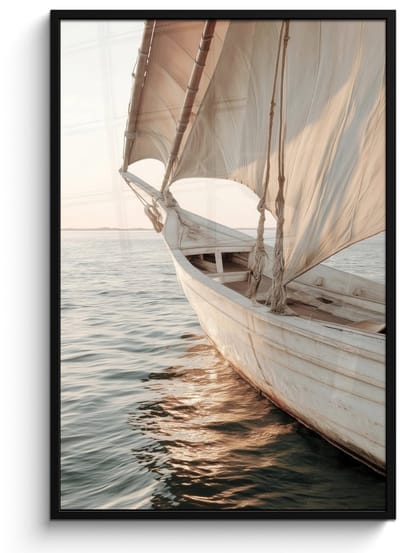 Poster in lijst - Fotolijst 80x120 cm - Posters - Zeilboot - Zee - Beige - Zon - Posterlijst zwart - Decoratie - Wanddecoratie woonkamer - Muurdecoratie slaapkamer