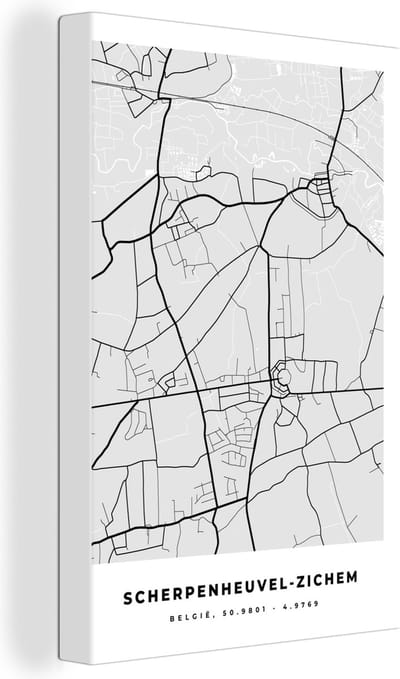 Canvas Schilderij Kaart – Plattegrond – Stadskaart – Scherpenheuvel Zichem – België – Zwart Wit - 20x30 cm - Wanddecoratie