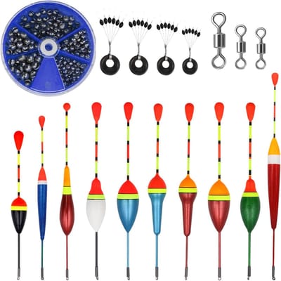 SnelShoppen - Set van 10 Vlotters, 205 Stukken, 5 Maten, Lood Rood, Vissen, 4 Stuks Rubber Stoppen, 3 Stuks Vertebraal Vissen, Forelvissen Accessoires