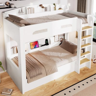 Hoogslaper met onderschuifbed - Ruimtebesparend stapelbed - USB-aansluiting - Bed 90x200 cm - Opbergplanken - MDF en grenen - Kinderkamer - Wit
