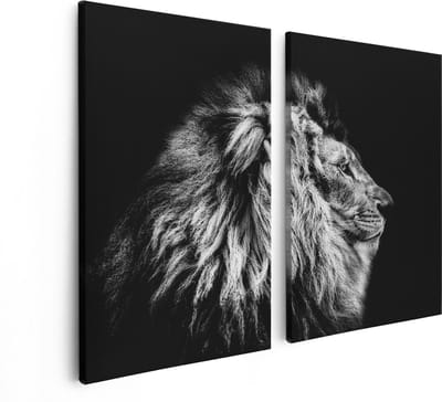 Artaza Canvas Schilderij Tweeluik Leeuw - Leeuwenkop - Zwart Wit - 80x60 - Foto Op Canvas - Canvas Print