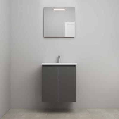 On-Line Badkamermeubelset - 60 cm - Voorgemonteerd - Greeploos 2 Deuren - Acryl Wastafel - 1 Kraangat - Spiegel met LED-Verlichting - Mat Antraciet