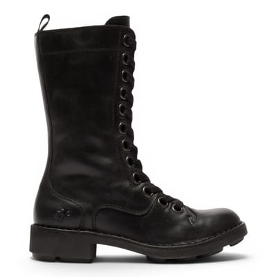 Fly London Women's Black Leather Strike-Up Combat Ankle Boots - NOLE176