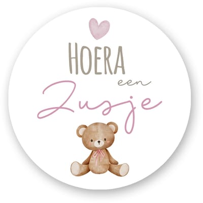25x Sluitzegel Hoera een Zusje met Beertje – Geboorte Sticker Envelop Baby Meisje